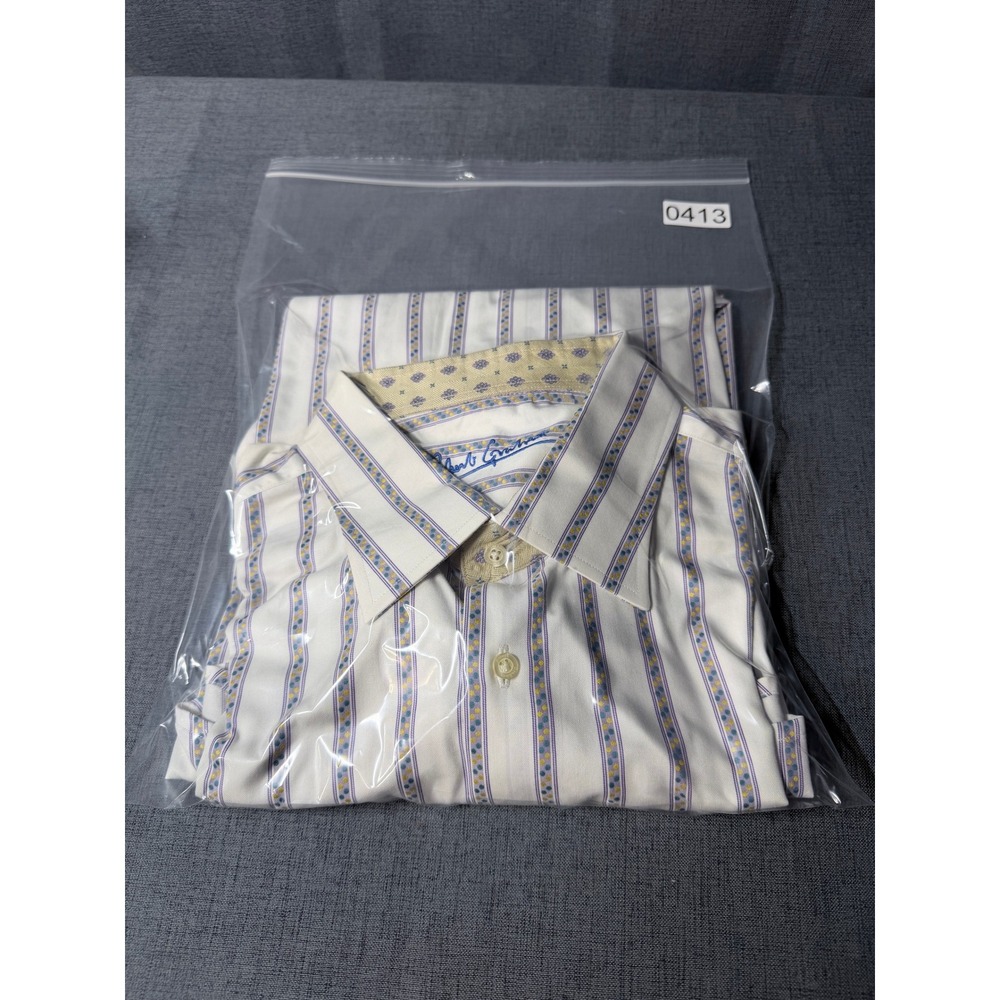 Robert Graham Mens XL Cotton Silk Striped Button Down Shirt White Purple Yellow - Picture 12 of 12